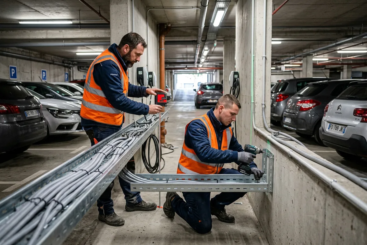 Travaux d'équipe pour l'installation borne de recharge collective en copropriété à Battenheim